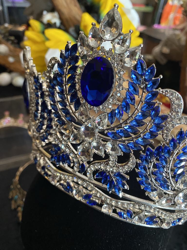 Regal Silver Crown with Blue Faux Diamante Embellishments