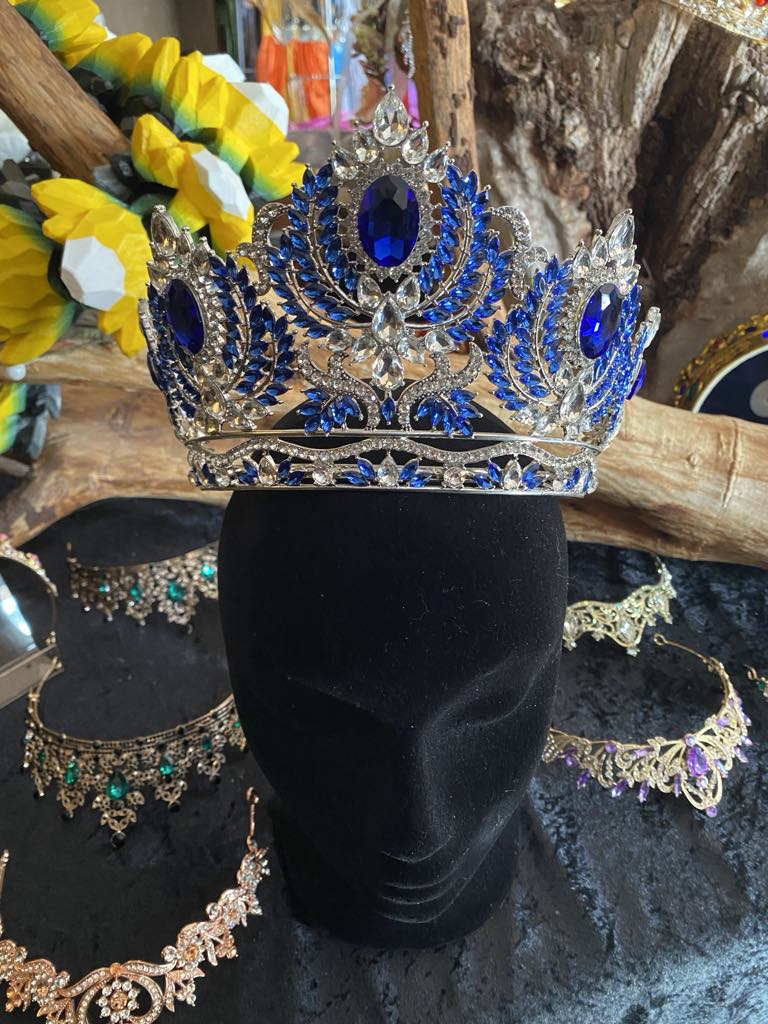 Regal Silver Crown with Blue Faux Diamante Embellishments