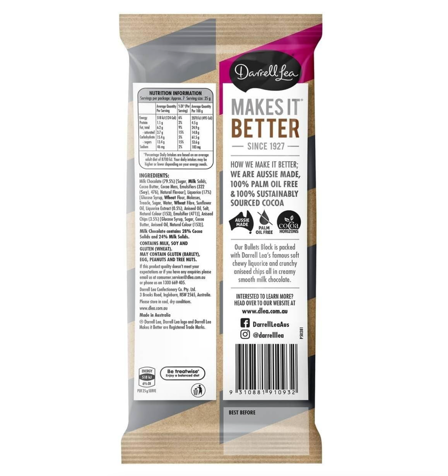 Darell Lea Bullets Liquorice Milk Chocolate Bar